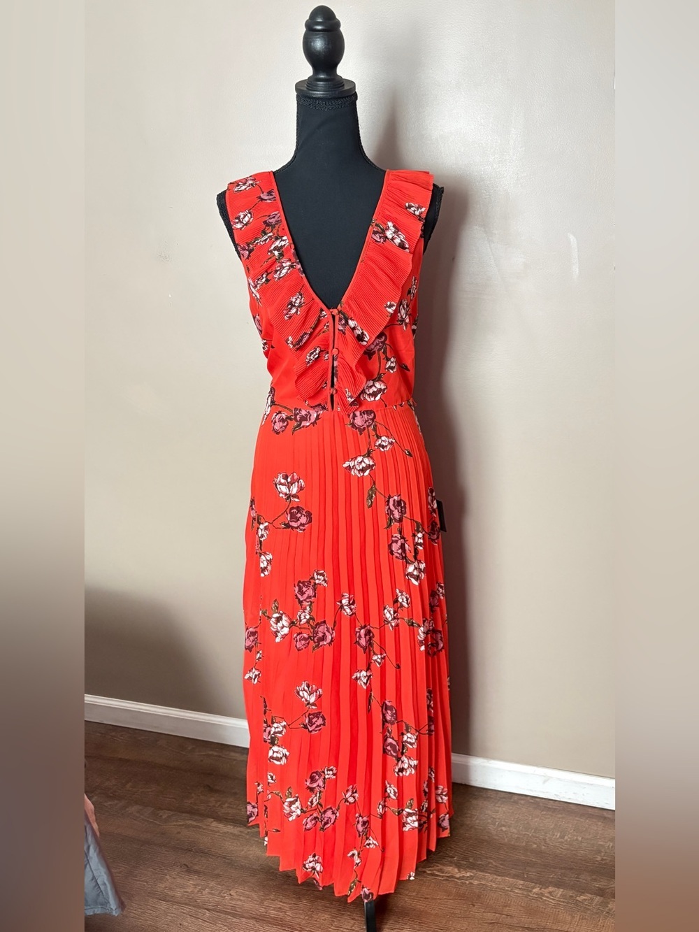 Lulus orange red maxi dress floral summer wedding pleated romantic floral XL EUC - Picture 11 of 16